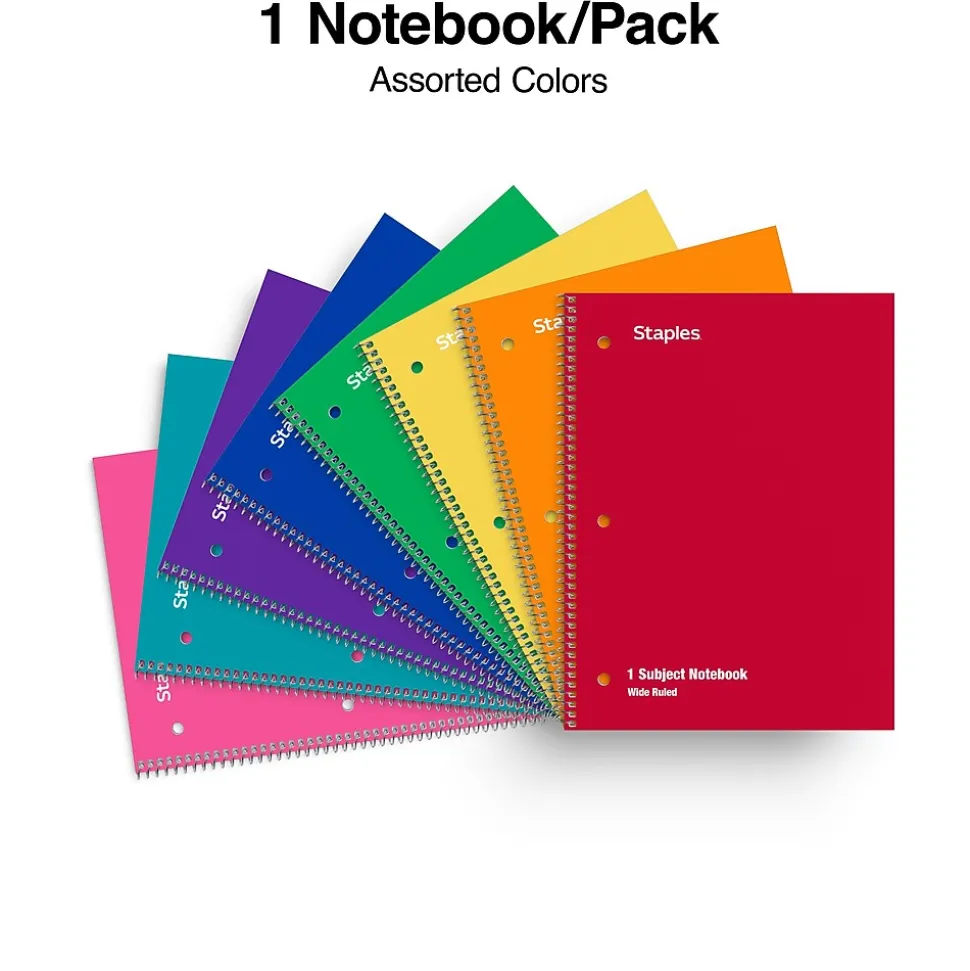 Staples® 1-Subject Subject Notebooks, 8" x 10.5", Wide Ruled, 75 Sheets, Assorted Colors (54895B/27615)