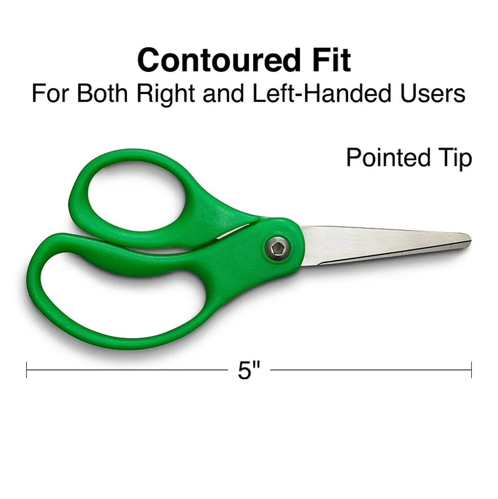 Staples Teacher Pack 5" Kids Pointed Tip Stainless Steel Scissors, Straight Handle, Right & Left Handed, 12/Pack (TR55057)