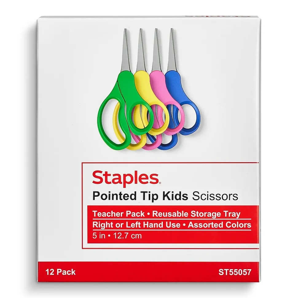 Staples Teacher Pack 5" Kids Pointed Tip Stainless Steel Scissors, Straight Handle, Right & Left Handed, 12/Pack (TR55057)