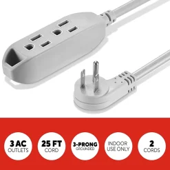 Staples TECH 25' Extension Cord, 3-Outlet, 16 AWG, Gray, 2/Pack (ST62346)