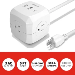 Staples TECH 5' Extension Cord, 3-Outlet, 14 AWG, White (ST62348)