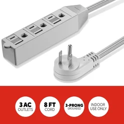 Staples TECH 8' Extension Cord, 3-Outlet, 16 AWG, Gray (ST22131-CC)