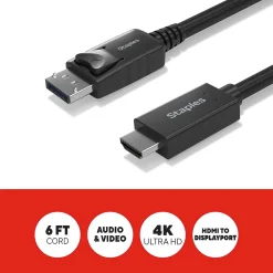 Staples TECH 6 ft. Display Port to HDMI Audio/Video Cable, Male to Male, Black (ST62466)