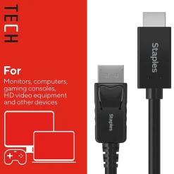 Staples TECH 6 ft. Display Port to HDMI Audio/Video Cable, Male to Male, Black (ST62466)
