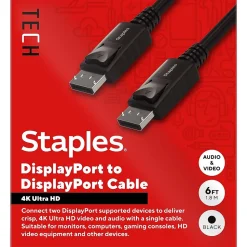 Staples TECH 6 ft. Display Port to Display Port Audio/Video Cable, Male to Male, Black (ST62469)