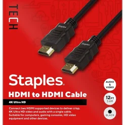 Staples TECH 12 ft. HDMI to HDMI Audio/Video Cable, Male to Male, Black (ST62465)