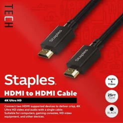 Staples TECH 25 ft. HDMI to HDMI Audio/Video Cable, Male to Male, Black (ST62476)