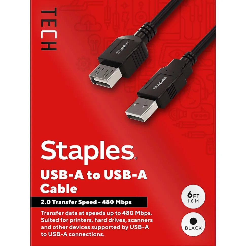 Staples TECH 6 ft. USB-A to USB-A Cable, Male to Male, Black (ST62439)