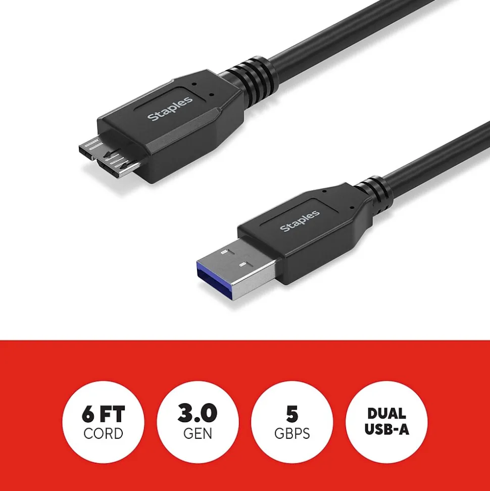 Staples TECH 6 ft. USB-A to Micro USB Type B Cable, Male to Male, Black (ST62441)