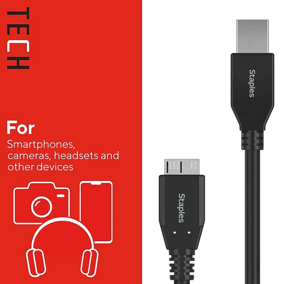 Staples TECH 6 ft. USB-A to Micro USB Type B Cable, Male to Male, Black (ST62441)
