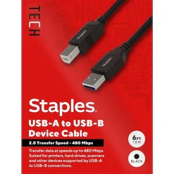 Staples TECH 6 ft. USB-A to USB-B 2.0 Cable, Male to Male, Black (ST62438)