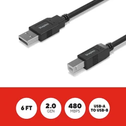 Staples TECH 6 ft. USB-A to USB-B 2.0 Cable, Male to Male, Black (ST62438)