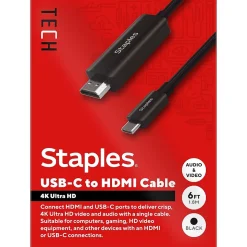 Staples TECH 6 ft. USB-C to HDMI Audio/Video Cable, Male to Male, Black (ST62472)