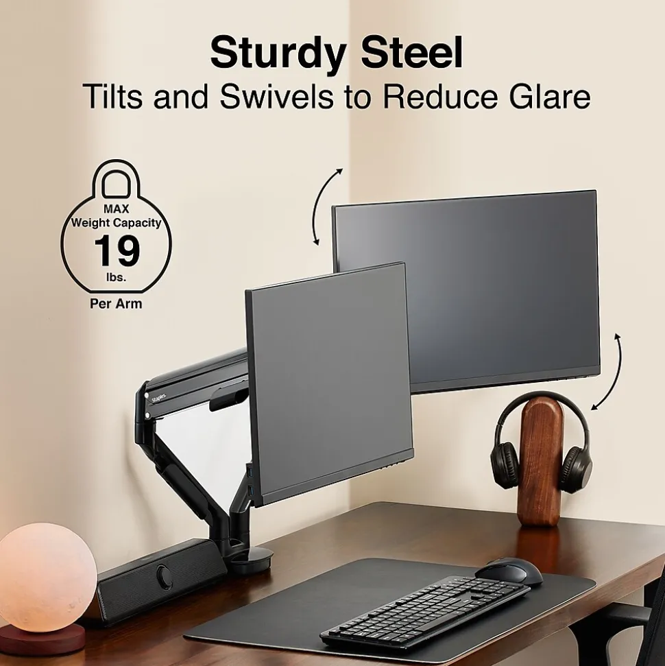 Staples TECH Adjustable Dual Arms, Up to 30" Monitor, Black (51729-CC)