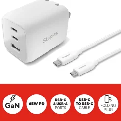 Staples TECH GaN USB-A/USB-C Wall Charger with Cable, 65W, White (ST62326)