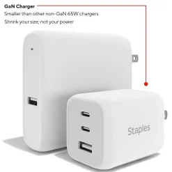 Staples TECH GaN USB-A/USB-C Wall Charger with Cable, 65W, White (ST62326)