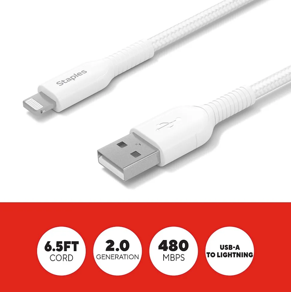Staples TECH Lightning to USB-A Charging Cable, 6.6 ft., White (ST62331)