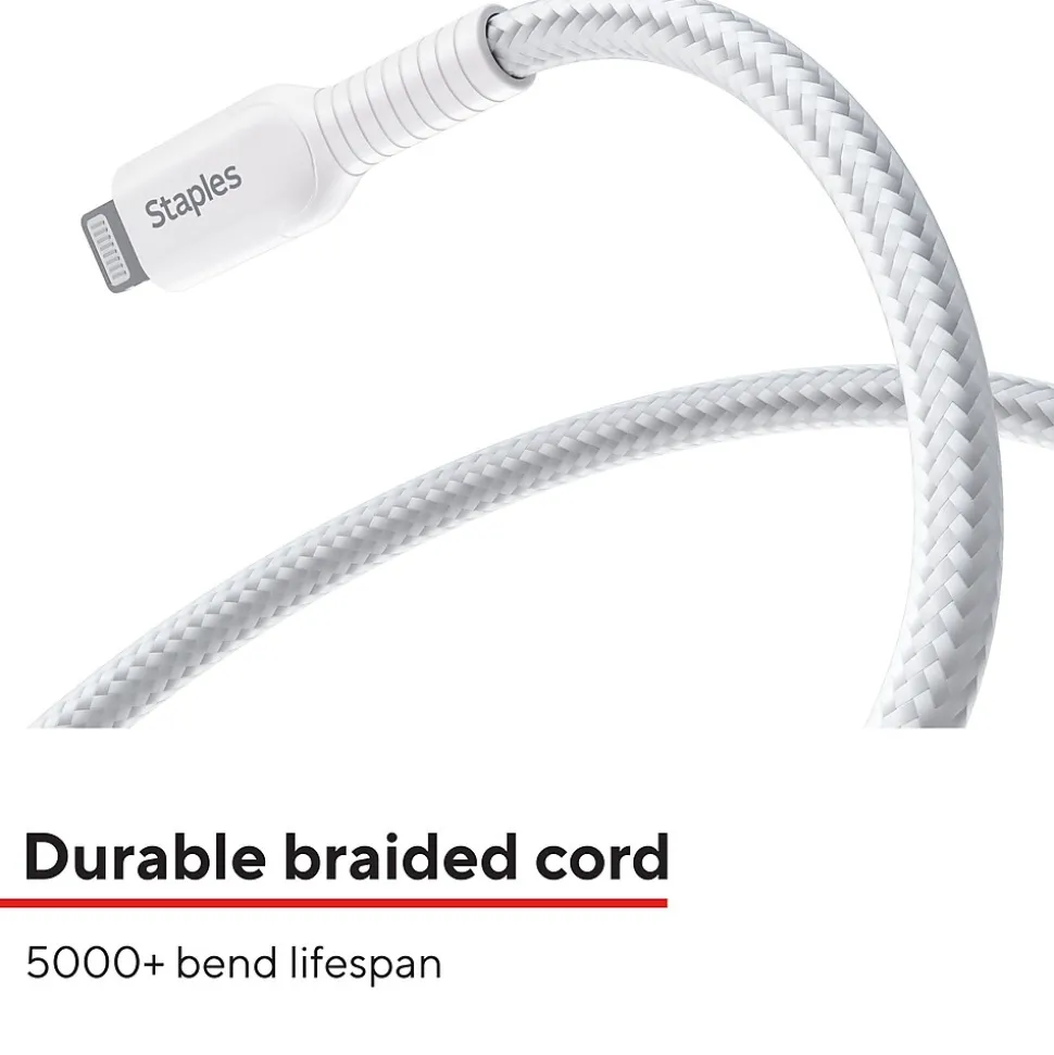 Staples TECH Lightning to USB-A Charging Cable, 6.6 ft., White (ST62331)