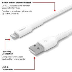 Staples TECH Lightning to USB-A Charging Cable, 6.6 ft., White (ST62331)