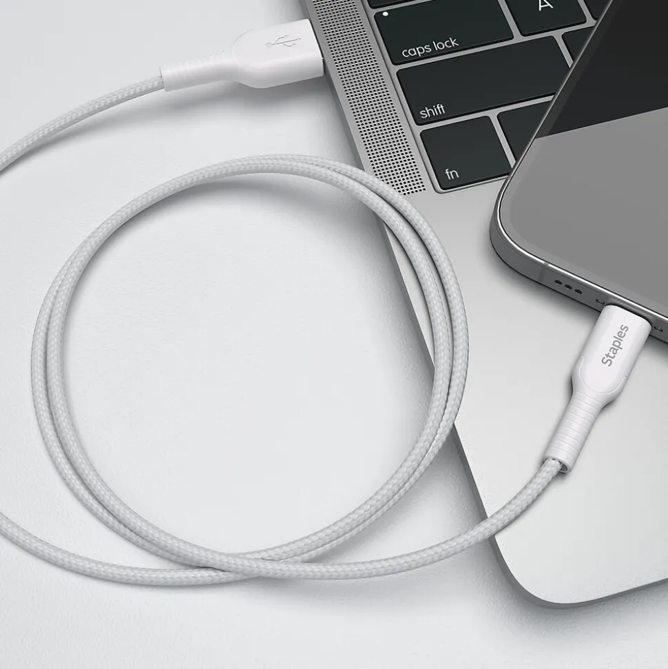 Staples TECH Lightning to USB-A Charging Cable, 6.6 ft., White (ST62331)