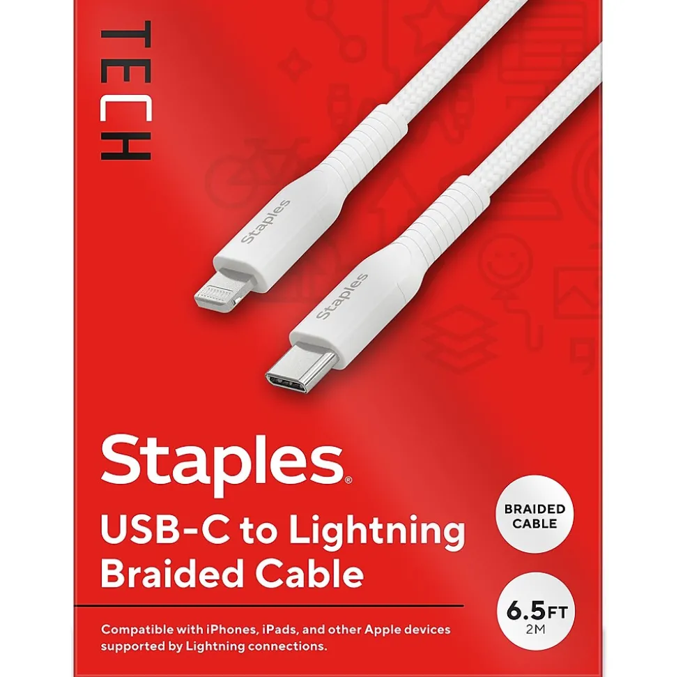 Staples TECH Lightning to USB-C Charging Cable, 6.5 ft., White (ST62333)