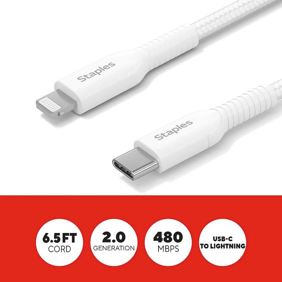 Staples TECH Lightning to USB-C Charging Cable, 6.5 ft., White (ST62333)
