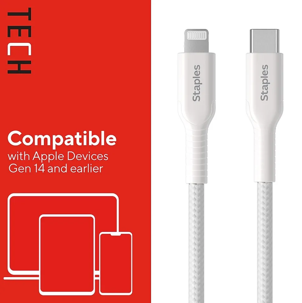Staples TECH Lightning to USB-C Charging Cable, 6.5 ft., White (ST62333)