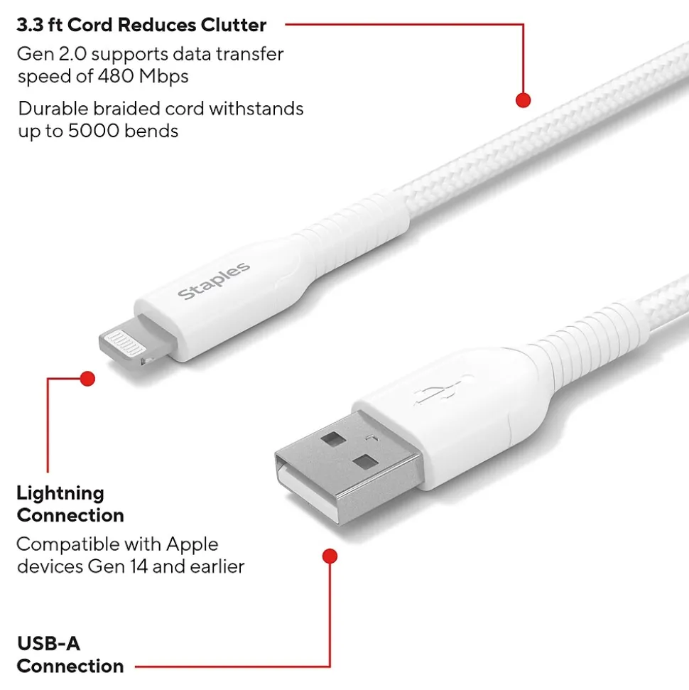Staples TECH Lightning to USB-A Charging Cable, 3.3 ft., White (ST62329)