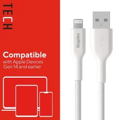Staples TECH Lightning to USB-A Charging Cable, 3.3 ft., White, 2/Pack (ST62330)