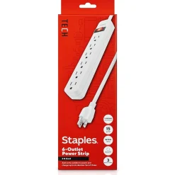 Staples TECH 6-Outlet Power Strip, 3' Cord, White, 3/Pack (42319)