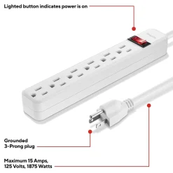 Staples TECH 6-Outlet Power Strip, 3' Cord, White, 3/Pack (42319)