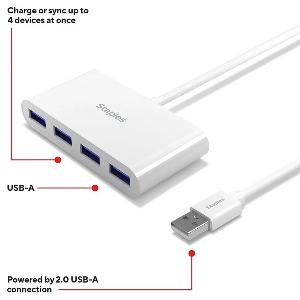 Staples TECH 4-Port USB 2.0 Hub, White (ST62376)