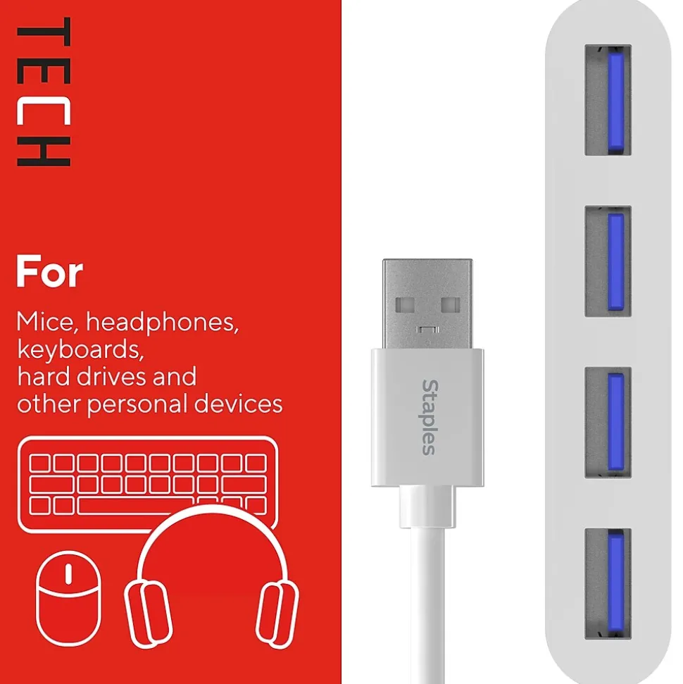 Staples TECH 4-Port USB 2.0 Hub, White (ST62376)