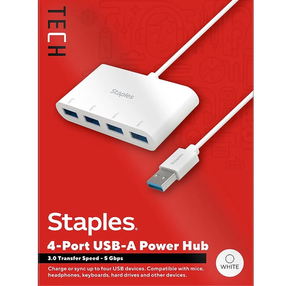 Staples TECH 4-Port USB 3.0 Hub, White (ST62380)