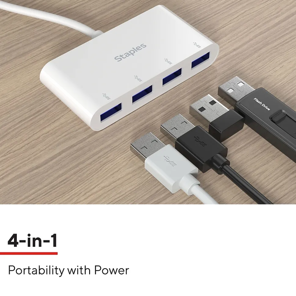 Staples TECH 4-Port USB 3.0 Hub, White (ST62380)