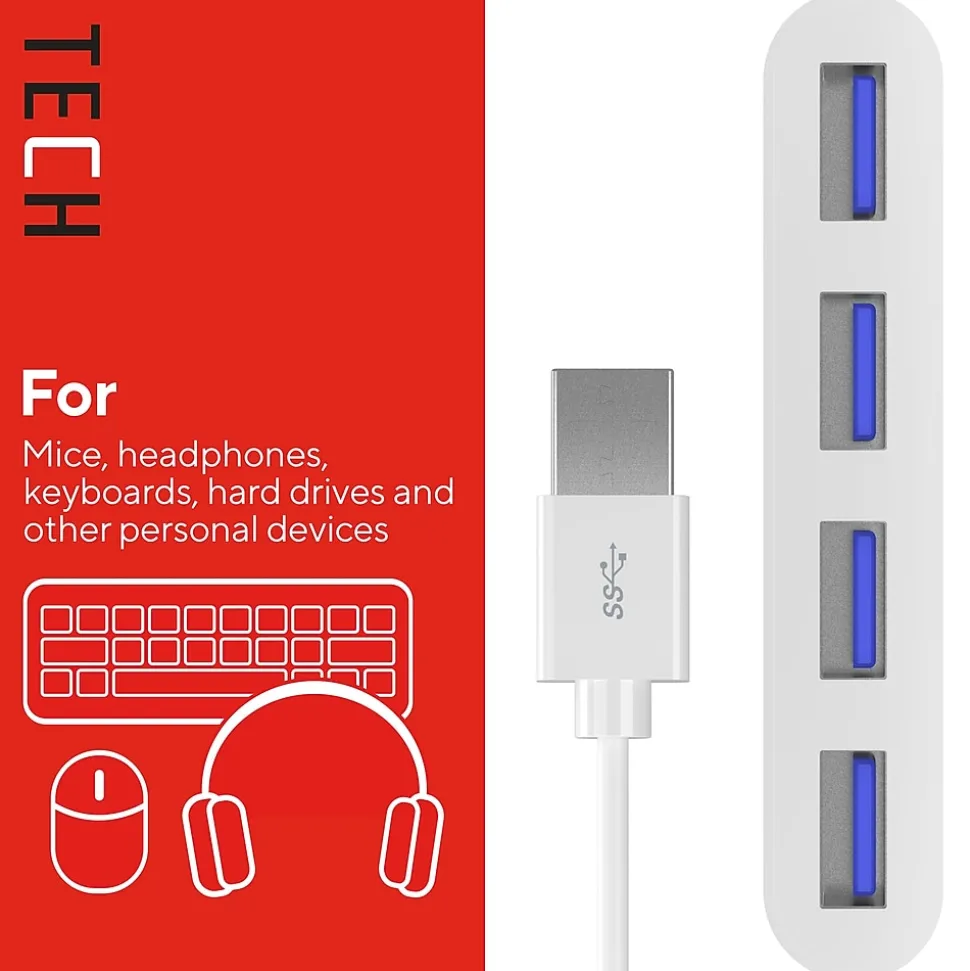 Staples TECH 4-Port USB 3.0 Hub, White (ST62380)