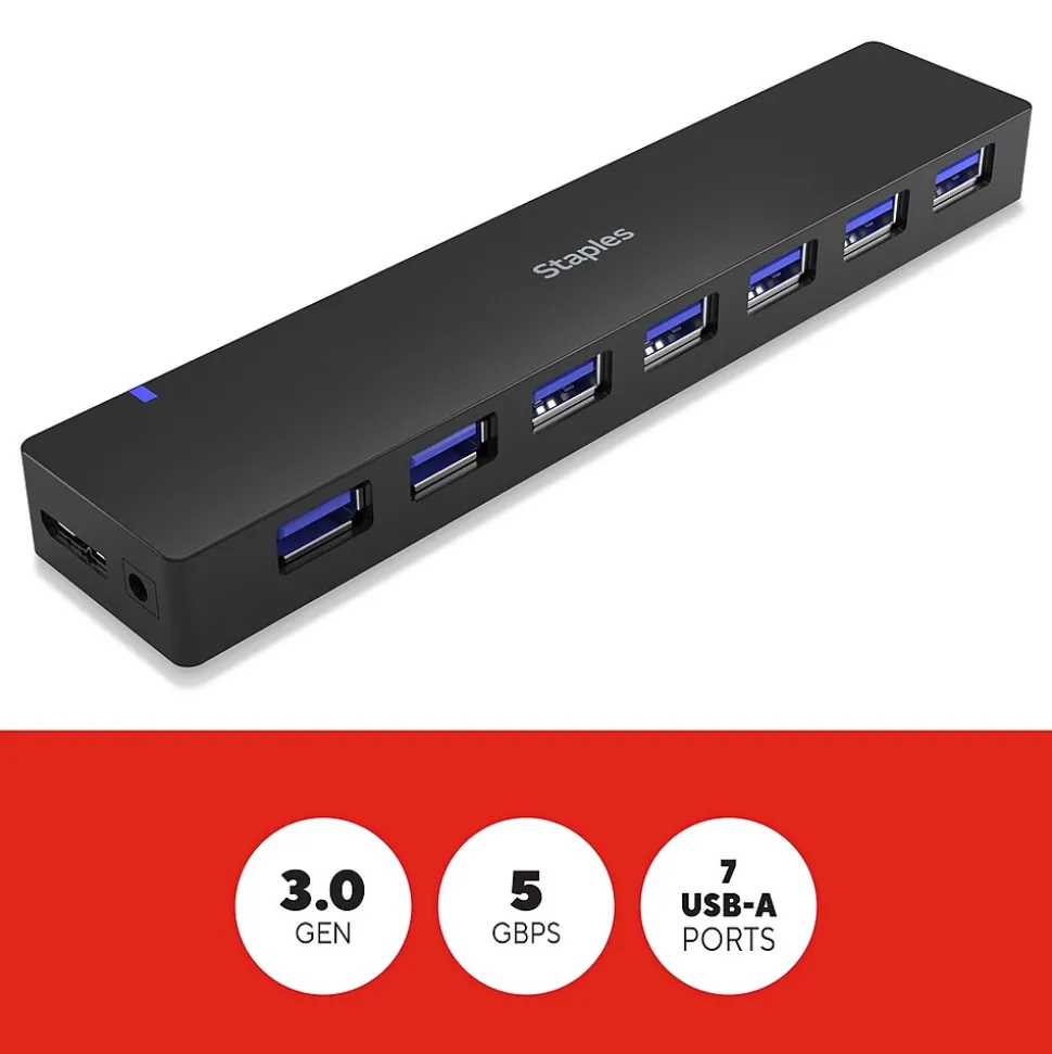Staples TECH 7-Port USB 3.0 Hub, Black (ST62371)