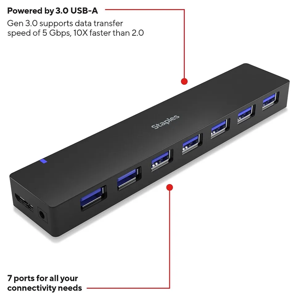 Staples TECH 7-Port USB 3.0 Hub, Black (ST62371)