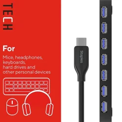 Staples TECH 7-Port USB 3.0 Hub, Black (ST62371)