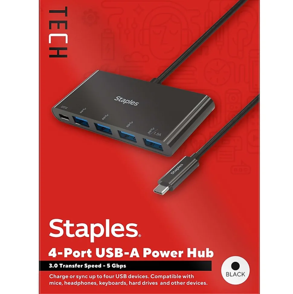 Staples TECH 4-Port USB 3.0 Hub, Black (ST62372)