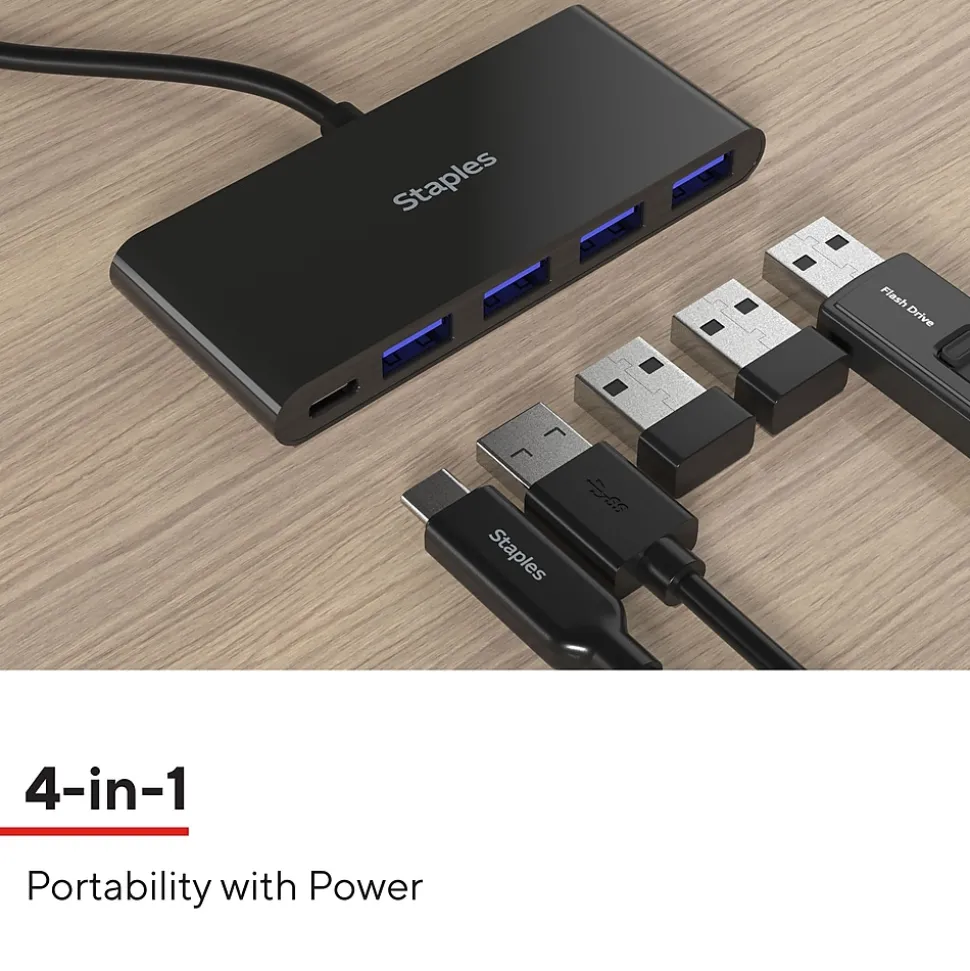 Staples TECH 4-Port USB 3.0 Hub, Black (ST62372)
