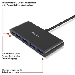 Staples TECH 4-Port USB 3.0 Hub, Black (ST62372)