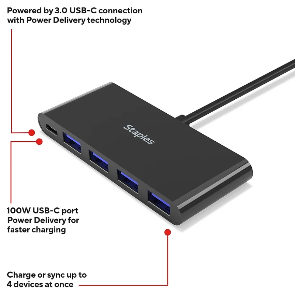 Staples TECH 4-Port USB 3.0 Hub, Black (ST62372)