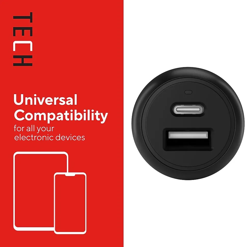 Staples TECH USB-A/USB-C Car Charger, 32W, Black (ST62340)
