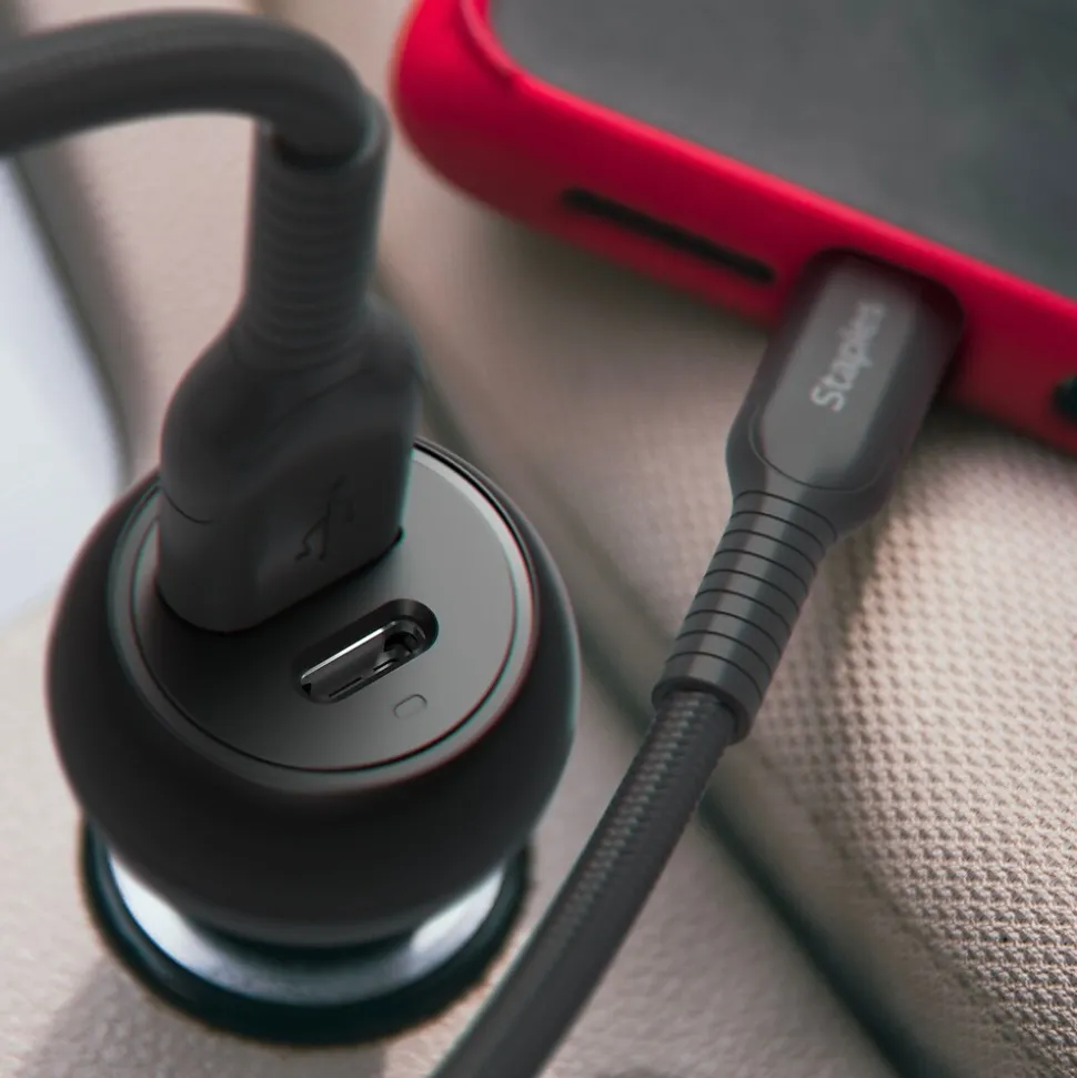 Staples TECH USB-A/USB-C Car Charger, 32W, Black (ST62340)