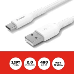 Staples TECH USB-C to USB-A Charging Cable, 3.3 ft., White (ST62337)
