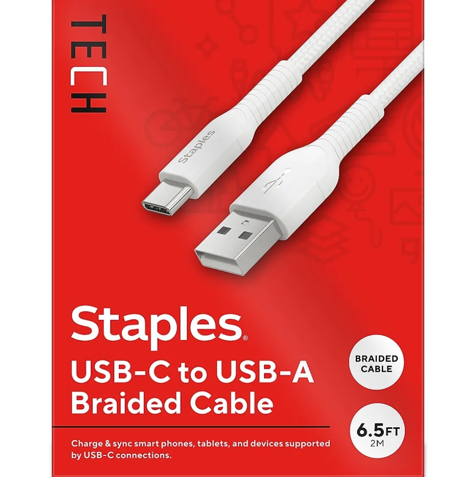 Staples TECH USB-C to USB-A Charging Cable, 6.5 ft., White (ST62338)
