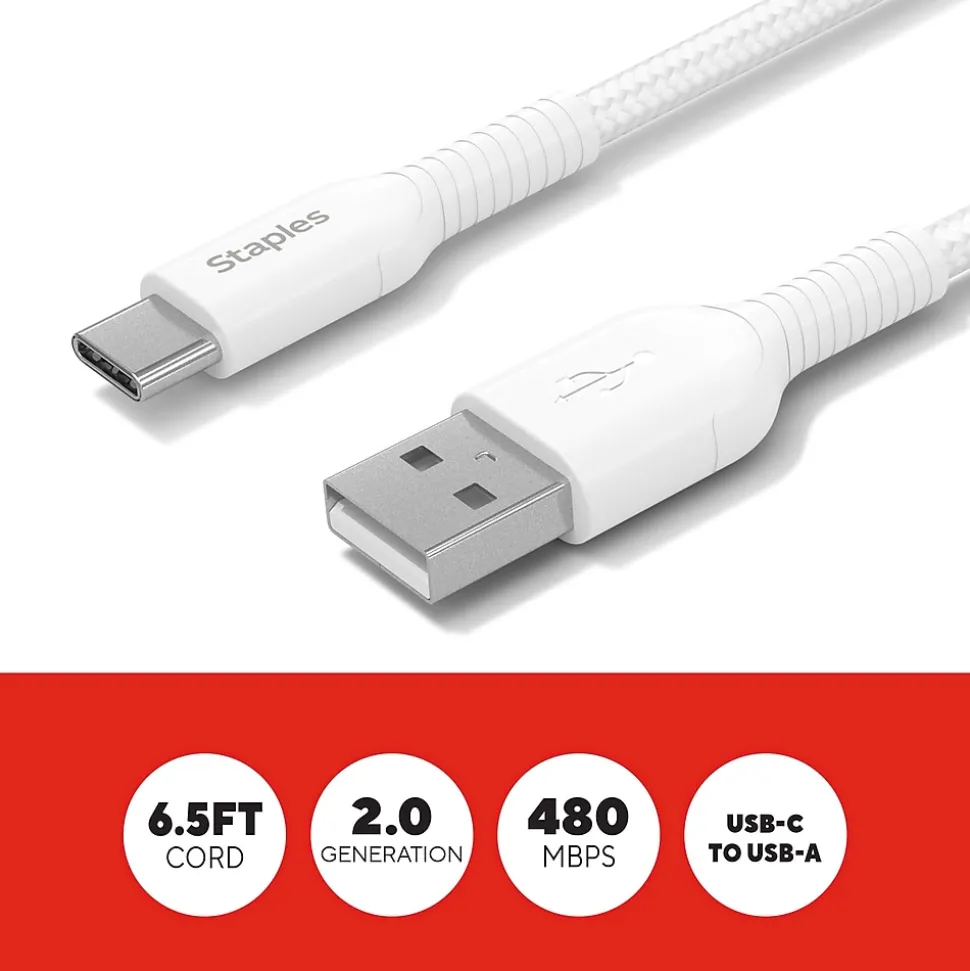 Staples TECH USB-C to USB-A Charging Cable, 6.5 ft., White (ST62338)