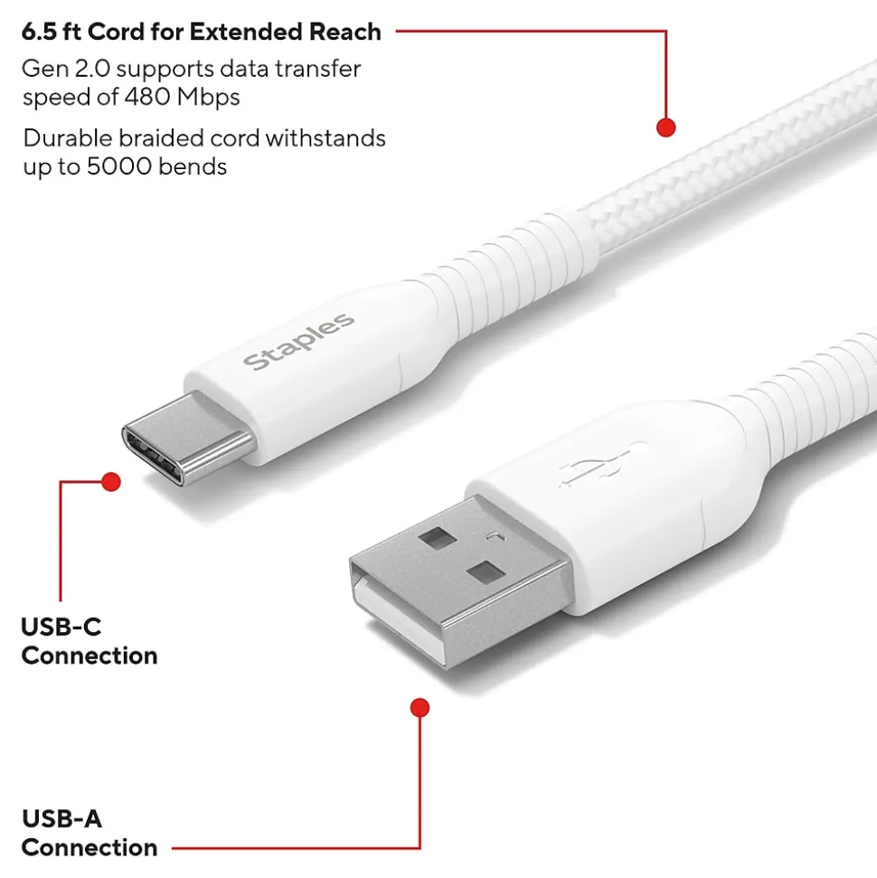 Staples TECH USB-C to USB-A Charging Cable, 6.5 ft., White (ST62338)