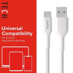 Staples TECH USB-C to USB-A Charging Cable, 6.5 ft., White (ST62338)